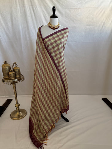 ShopNaya Exclusive | Handwoven | Cotton Saree | Gold Zari | No Blouse | Beige & Maroon | Handloom Mark | Ships from California